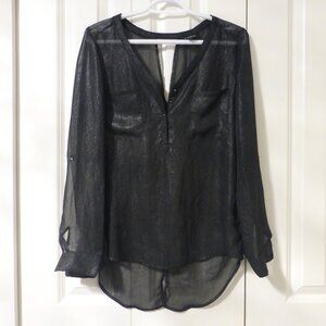 LE CHATEAU semi-sheer black silver metallic sheen long sleeve blouse